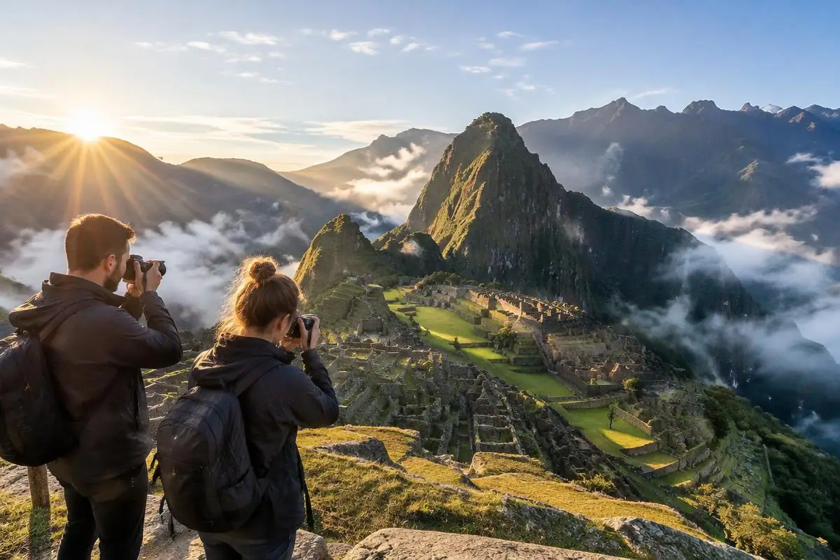 Travelers photographing sunrise at Machu Picchu from the upper agricultural terraces