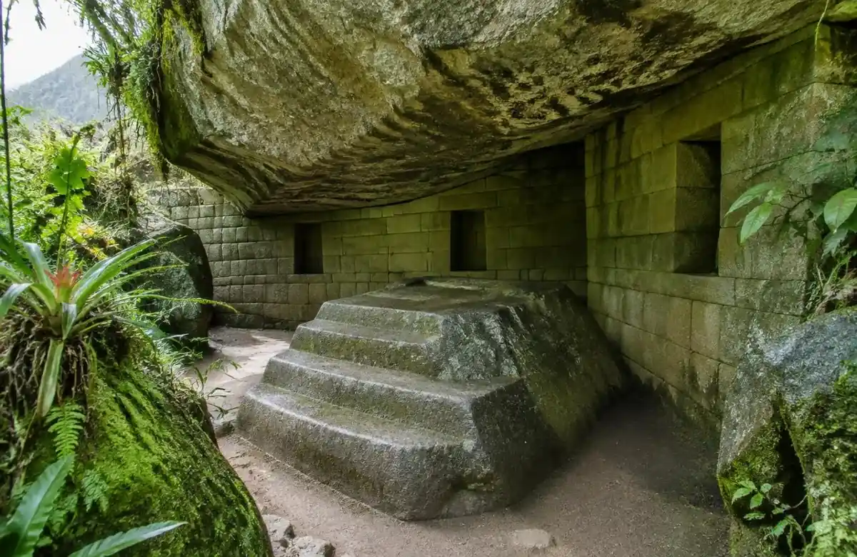 Temple of the Moon at Machu Picchu, an Inca cave shrine with fitted stone niches