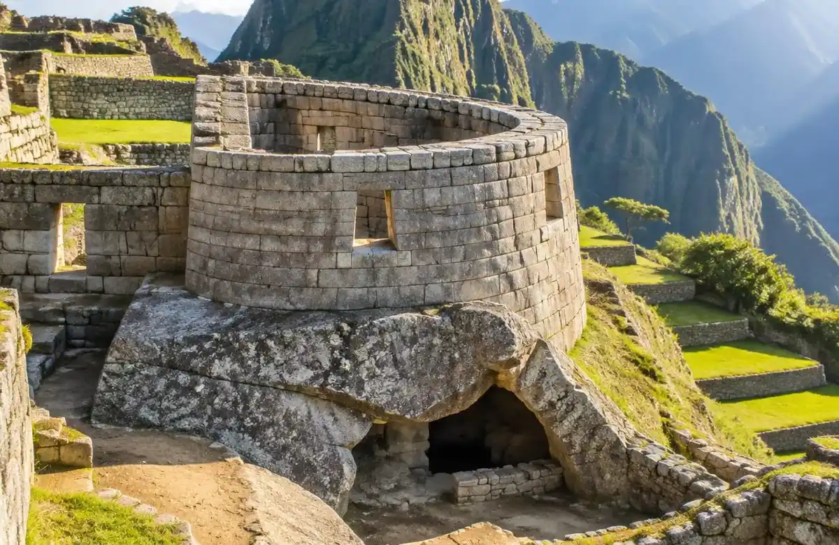 Temple of the Sun at Machu Picchu, a curved granite tower above the Royal Tomb