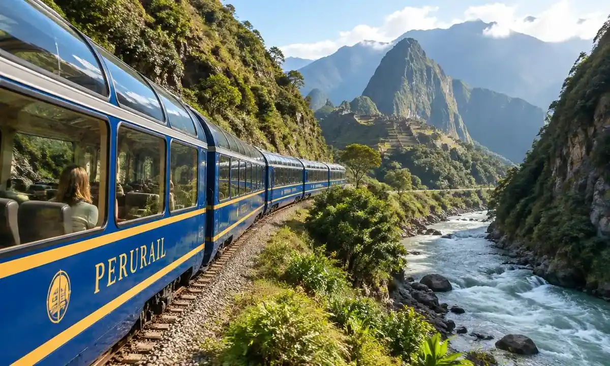 Panoramic train to Machu Picchu running beside the Urubamba River through a green Andean canyon