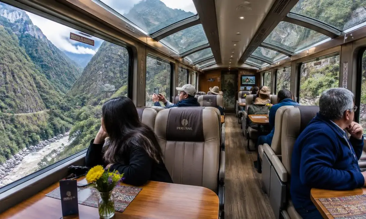 Inside a Vistadome panoramic carriage with glass roof windows on the Machu Picchu train