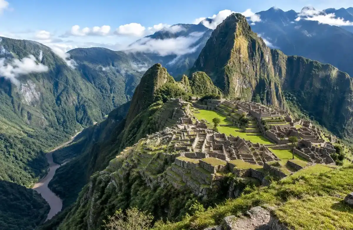 Machu Picchu Inca citadel on a ridge above the Urubamba River canyon